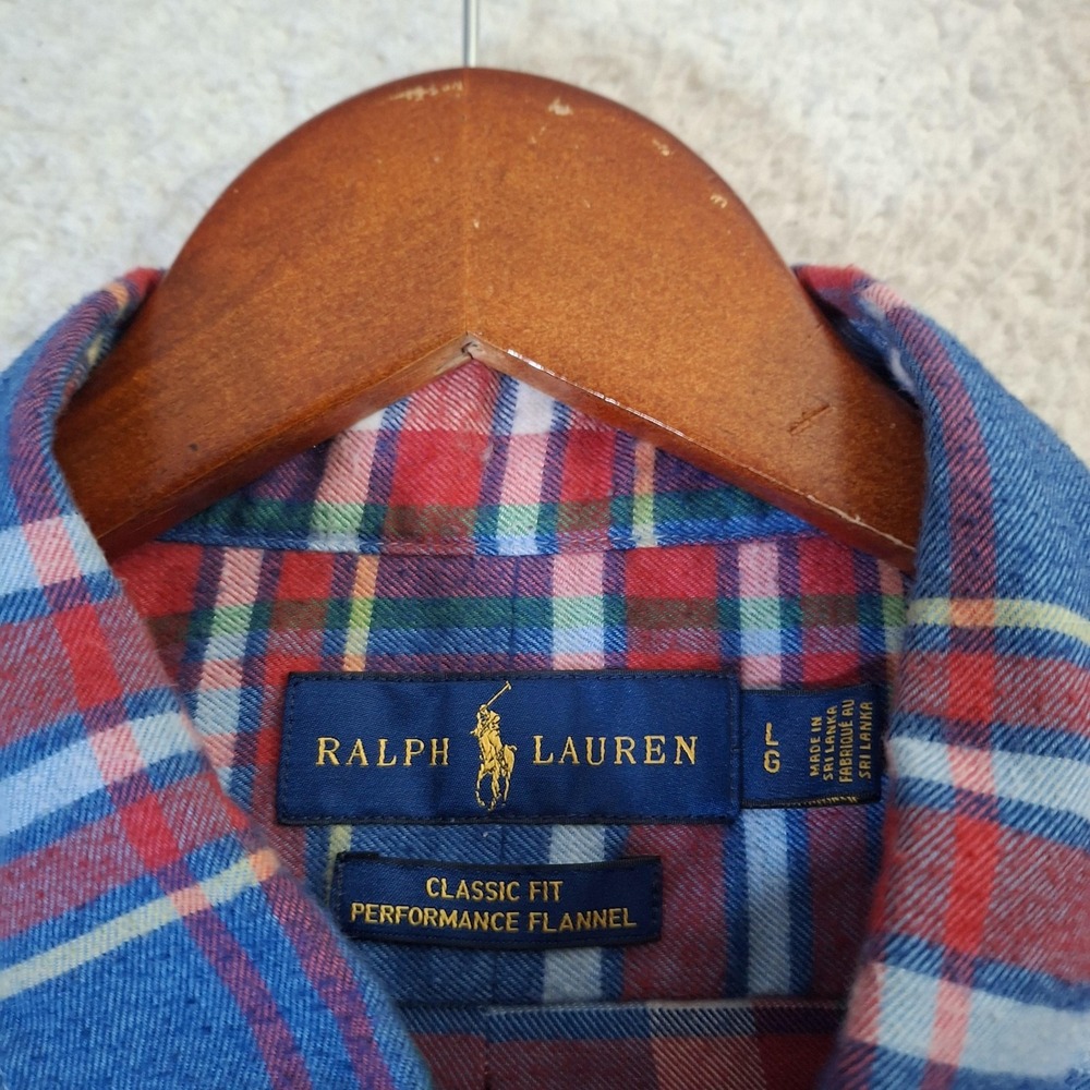 Ralph Lauren Performance Flannel Shirt Mens Large Blue Red Classic Fit Plaid - Picture 4 of 9